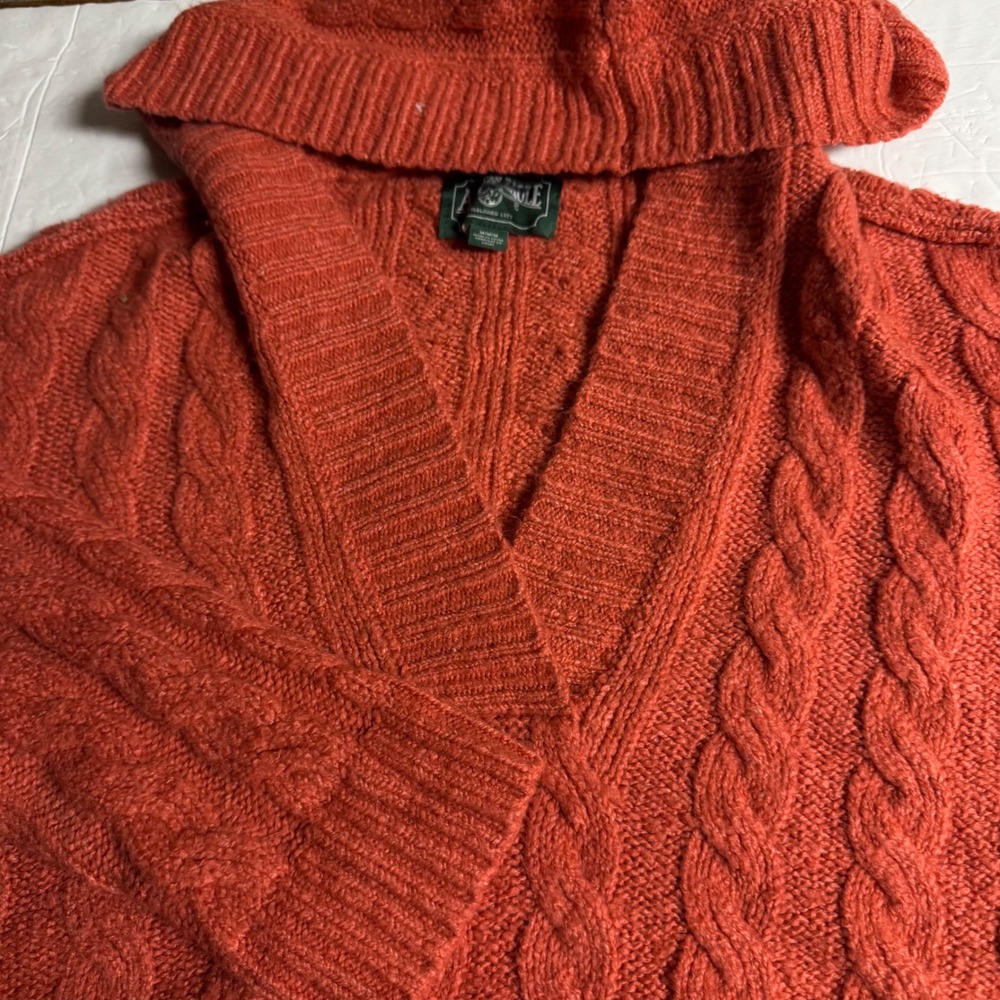 American Eagle Women Orange Cable Knit Hoodie Sweater V-Neck Medium